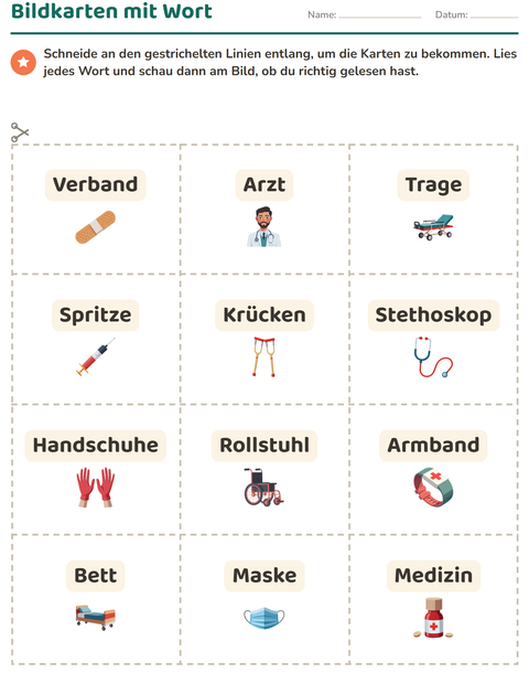 Vorschau: Bildkarten-Arbeitsblatt mit Krankenhaus für Kindergarten