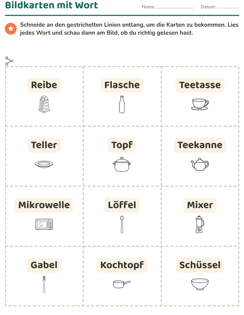 Vorschau: Bildkarten-Arbeitsblatt mit Küche SW für Kindergarten