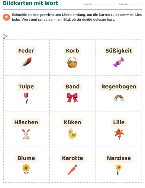 Vorschau: Bildkarten-Arbeitsblatt mit Ostern für Kindergarten
