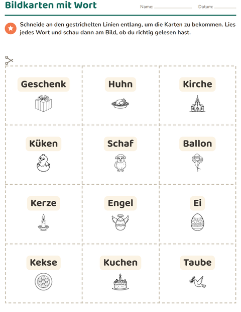 Vorschau: Bildkarten-Arbeitsblatt mit Ostern SW 2 für Kindergarten