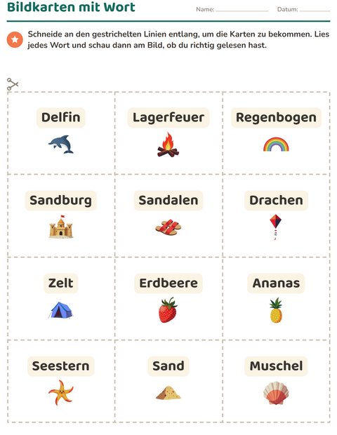 Vorschau: Bildkarten-Arbeitsblatt mit Sommer für Kindergarten