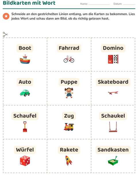 Vorschau: Bildkarten-Arbeitsblatt mit Spielzeug für Kindergarten