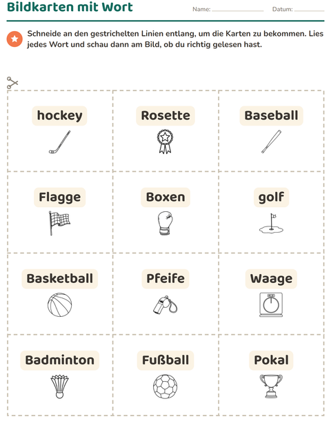 Vorschau: Bildkarten-Arbeitsblatt mit Sport SW für Kindergarten