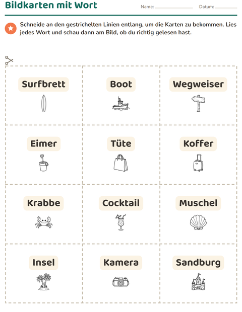 Vorschau: Bildkarten-Arbeitsblatt mit Strand SW 2 für Kindergarten