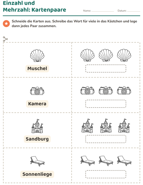 Vorschau: Bildkarten-Arbeitsblatt mit Strand SW 2 für Kindergarten