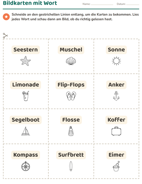 Vorschau: Bildkarten-Arbeitsblatt mit Strand SW für Kindergarten