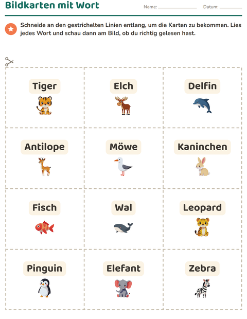 Vorschau: Bildkarten-Arbeitsblatt mit Tiere für Kindergarten