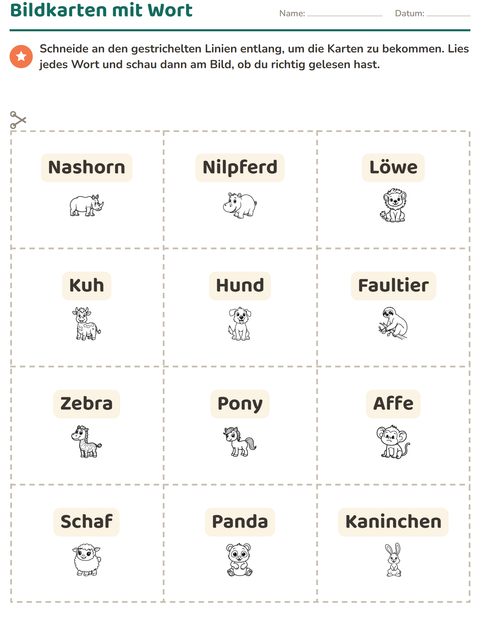 Vorschau: Bildkarten-Arbeitsblatt mit Tiere SW 2 für Kindergarten
