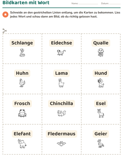 Vorschau: Bildkarten-Arbeitsblatt mit Tiere SW 5 für Kindergarten