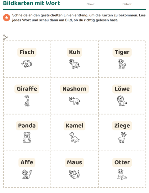 Vorschau: Bildkarten-Arbeitsblatt mit Tiere SW für Kindergarten