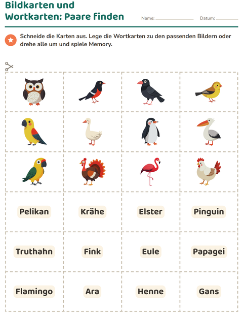 Vorschau: Bildkarten-Arbeitsblatt mit Vögel 2 für Kindergarten