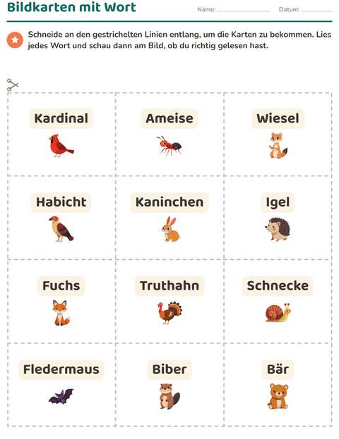 Vorschau: Bildkarten-Arbeitsblatt mit Waldtiere für Kindergarten