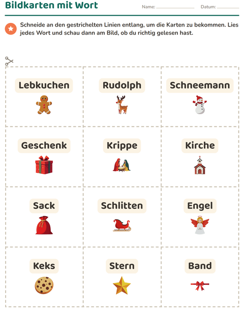 Vorschau: Bildkarten-Arbeitsblatt mit Weihnachten für Kindergarten