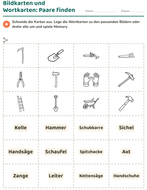 Vorschau: Bildkarten-Arbeitsblatt mit Werkzeuge SW für Kindergarten