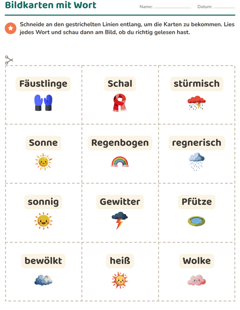 Vorschau: Bildkarten-Arbeitsblatt mit Wetter für Kindergarten