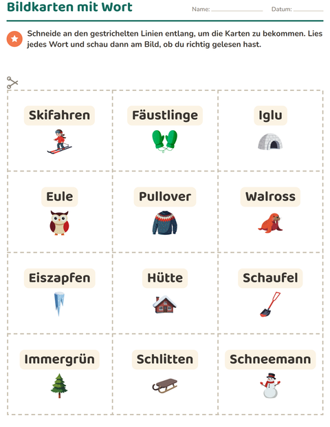 Vorschau: Bildkarten-Arbeitsblatt mit Winter für Kindergarten