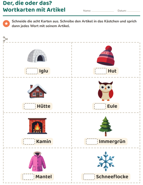 Vorschau: Bildkarten-Arbeitsblatt mit Winter für Kindergarten