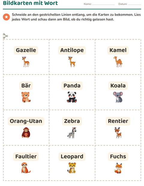 Vorschau: Bildkarten-Arbeitsblatt mit Zootiere für Kindergarten