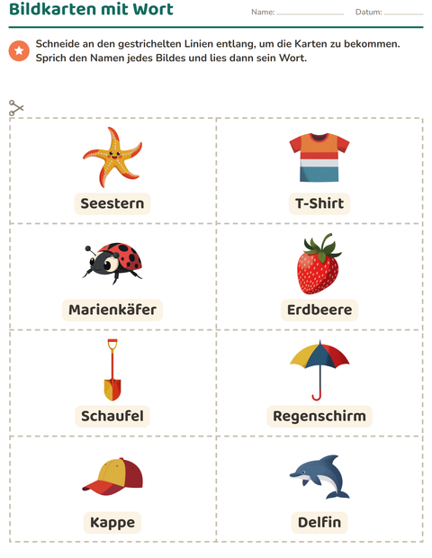 Vorschau: Bildkarten-Arbeitsblatt mit Sommer für Kindergarten
