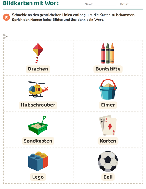 Vorschau: Bildkarten-Arbeitsblatt mit Spielzeug für Kindergarten
