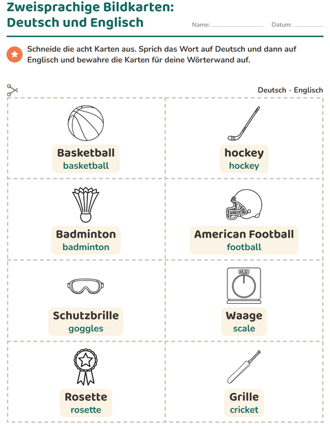 Vorschau: Bildkarten-Arbeitsblatt mit Sport SW für Kindergarten