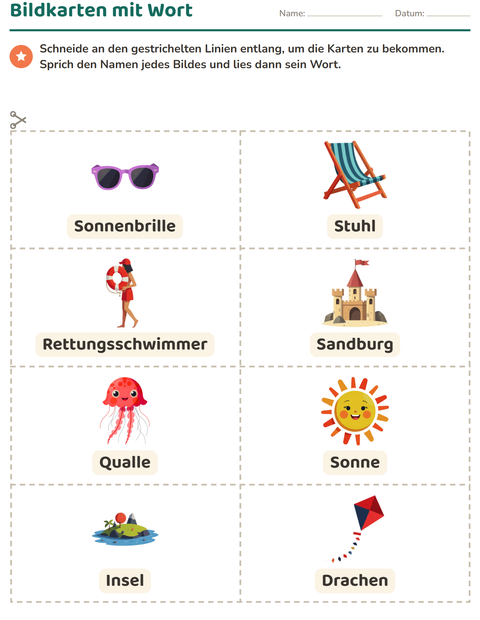 Vorschau: Bildkarten-Arbeitsblatt mit Strand für Kindergarten