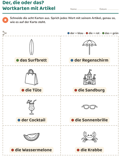 Vorschau: Bildkarten-Arbeitsblatt mit Strand SW 2 für Kindergarten
