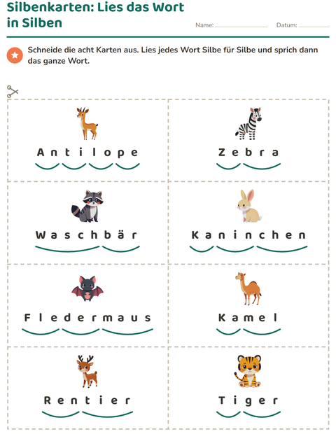Vorschau: Bildkarten-Arbeitsblatt mit Tiere für 1. Klasse