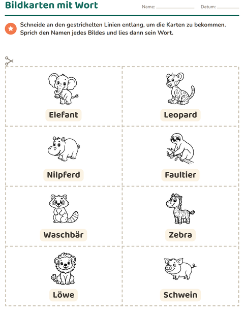Vorschau: Bildkarten-Arbeitsblatt mit Tiere SW 2 für Kindergarten