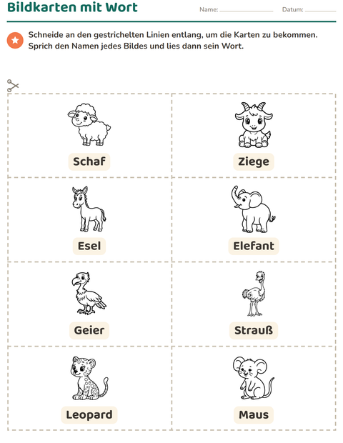 Vorschau: Bildkarten-Arbeitsblatt mit Tiere SW 5 für Kindergarten