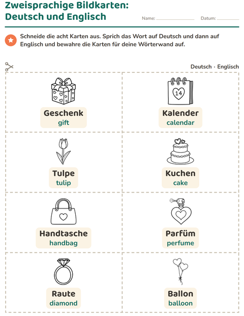 Vorschau: Bildkarten-Arbeitsblatt mit Valentinstag SW 2 für Kindergarten