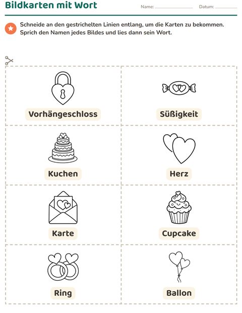 Vorschau: Bildkarten-Arbeitsblatt mit Valentinstag SW für Kindergarten
