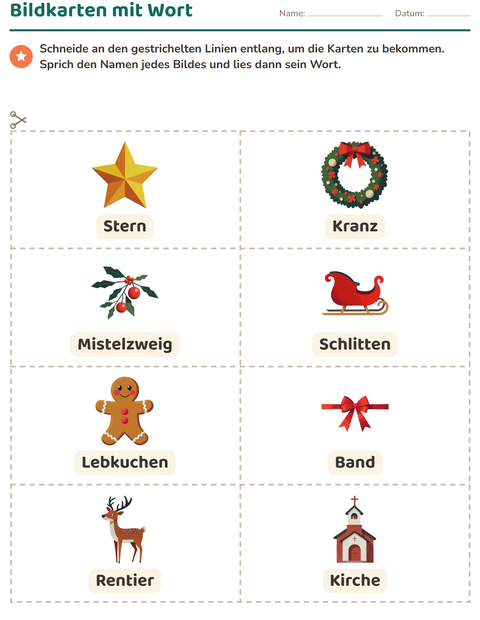Vorschau: Bildkarten-Arbeitsblatt mit Weihnachten für Kindergarten