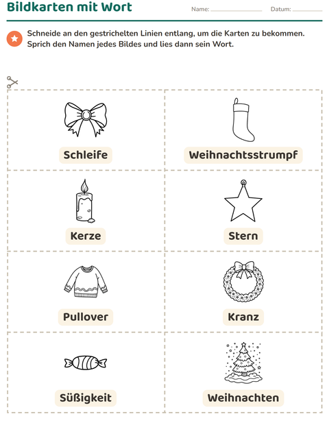 Vorschau: Bildkarten-Arbeitsblatt mit Weihnachten S/W für Kindergarten