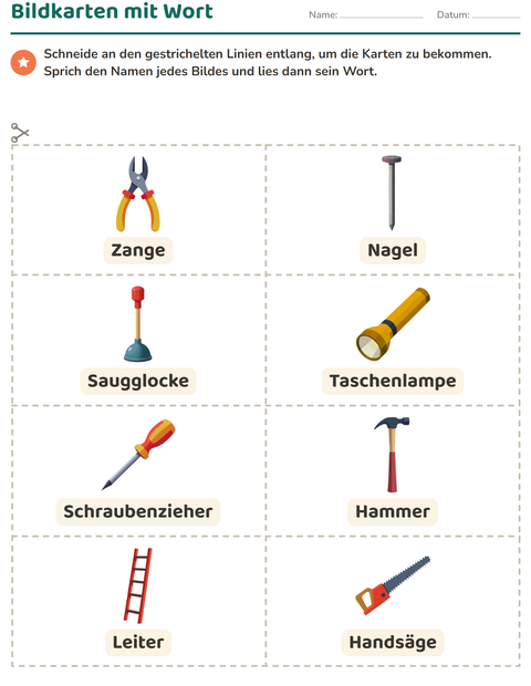Vorschau: Bildkarten-Arbeitsblatt mit Werkzeuge für Kindergarten