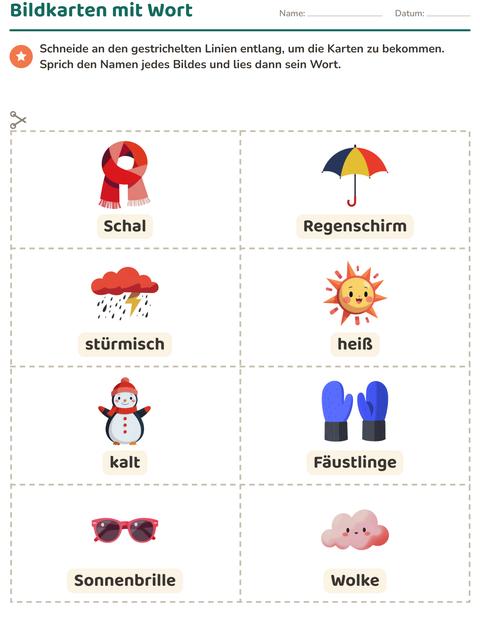 Vorschau: Bildkarten-Arbeitsblatt mit Wetter für Kindergarten