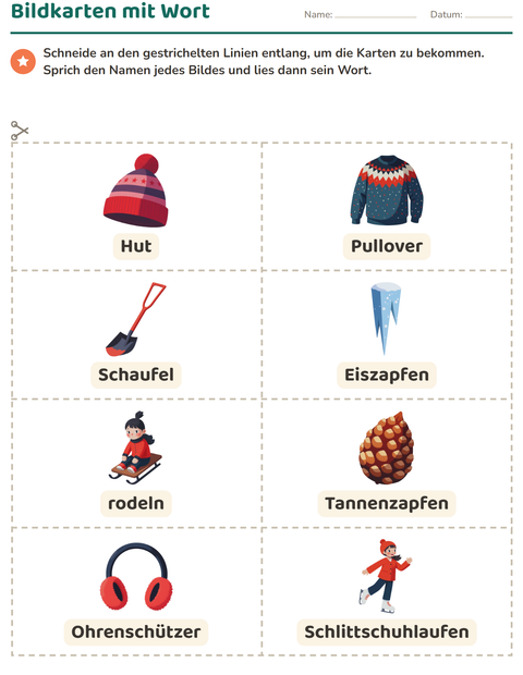 Vorschau: Bildkarten-Arbeitsblatt mit Winter für Kindergarten