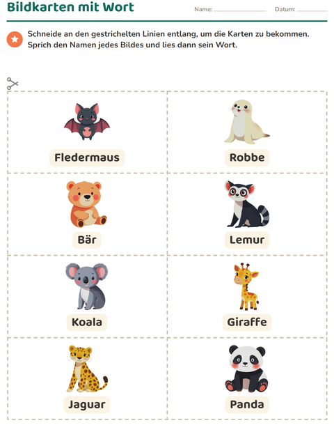 Vorschau: Bildkarten-Arbeitsblatt mit Zootiere für Kindergarten