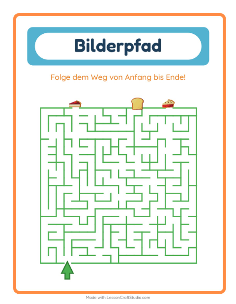 Vorschau: Bildpfad-Arbeitsblatt mit Bäckerei für Kindergarten