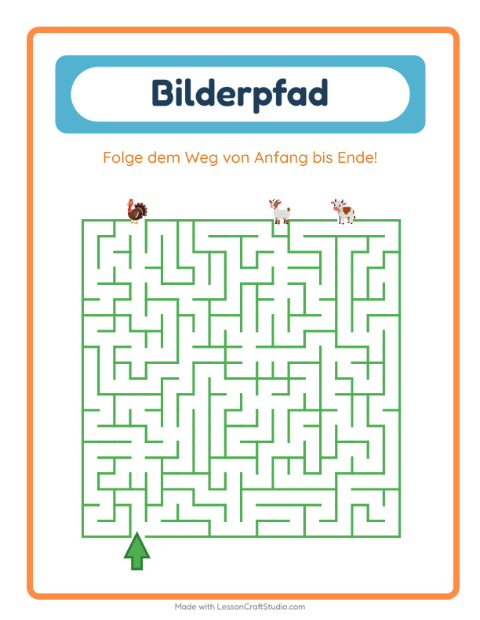 Vorschau: Bildpfad-Arbeitsblatt mit Bauernhoftiere für Kindergarten
