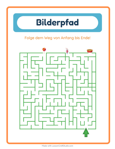 Vorschau: Bildpfad-Arbeitsblatt mit Desserts und Süßigkeiten für Kindergarten