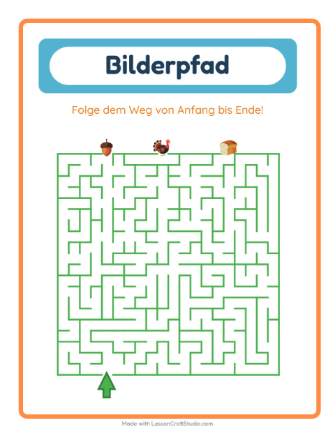 Vorschau: Bildpfad-Arbeitsblatt mit Erntedankfest für Kindergarten