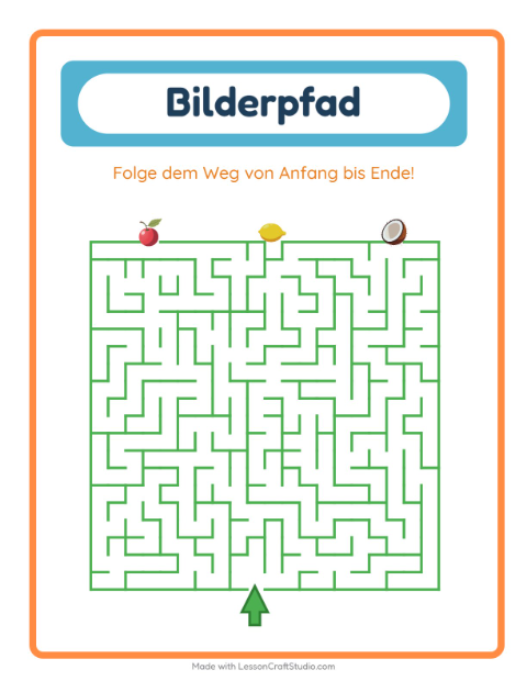 Vorschau: Bildpfad mit Äpfeln, Bananen und Birnen – den richtigen Weg finden – Arbeitsblatt für die Vorschule