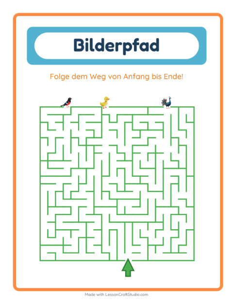 Vorschau: Bildpfad-Arbeitsblatt mit Vögel 2 für Kindergarten