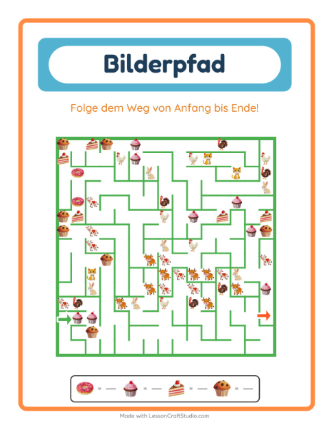 Vorschau: Bildpfad-Arbeitsblatt mit Bäckerei für Kindergarten