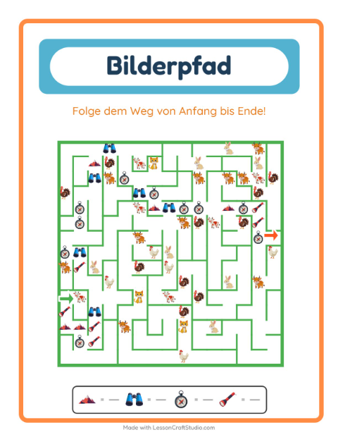 Vorschau: Bildpfad-Arbeitsblatt mit Camping für Kindergarten