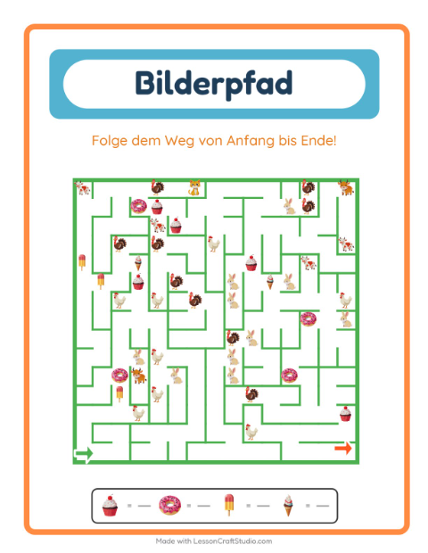 Vorschau: Bildpfad-Arbeitsblatt mit Desserts und Süßigkeiten für Kindergarten