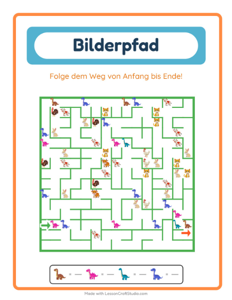 Vorschau: Bildpfad-Arbeitsblatt mit Dinosaurier für Kindergarten