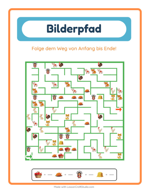Vorschau: Bildpfad-Arbeitsblatt mit Erntedankfest für Kindergarten
