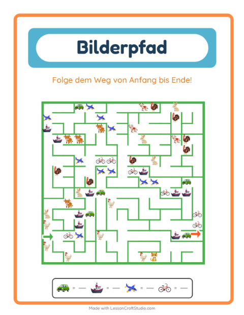Vorschau: Bildpfad-Arbeitsblatt mit Fahrzeuge für Kindergarten